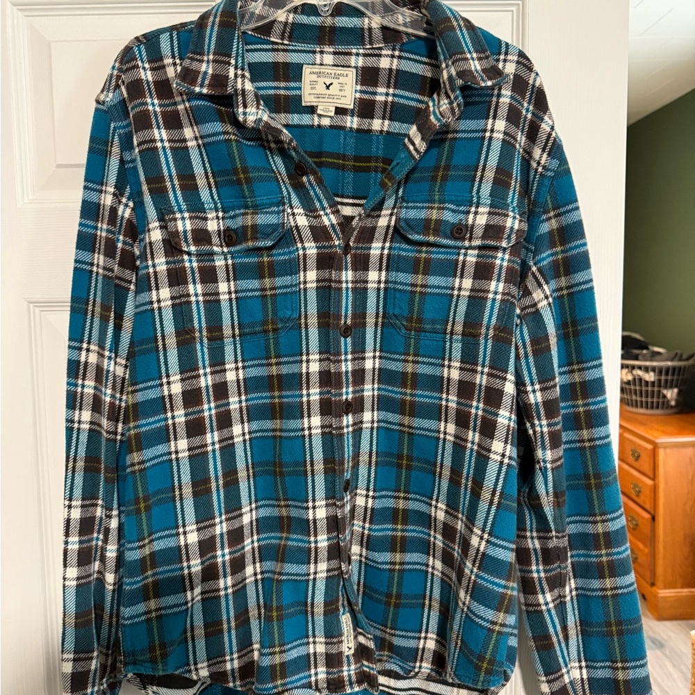 American Eagle Outfitters Teal and Brown Heavy Plaid Shirt